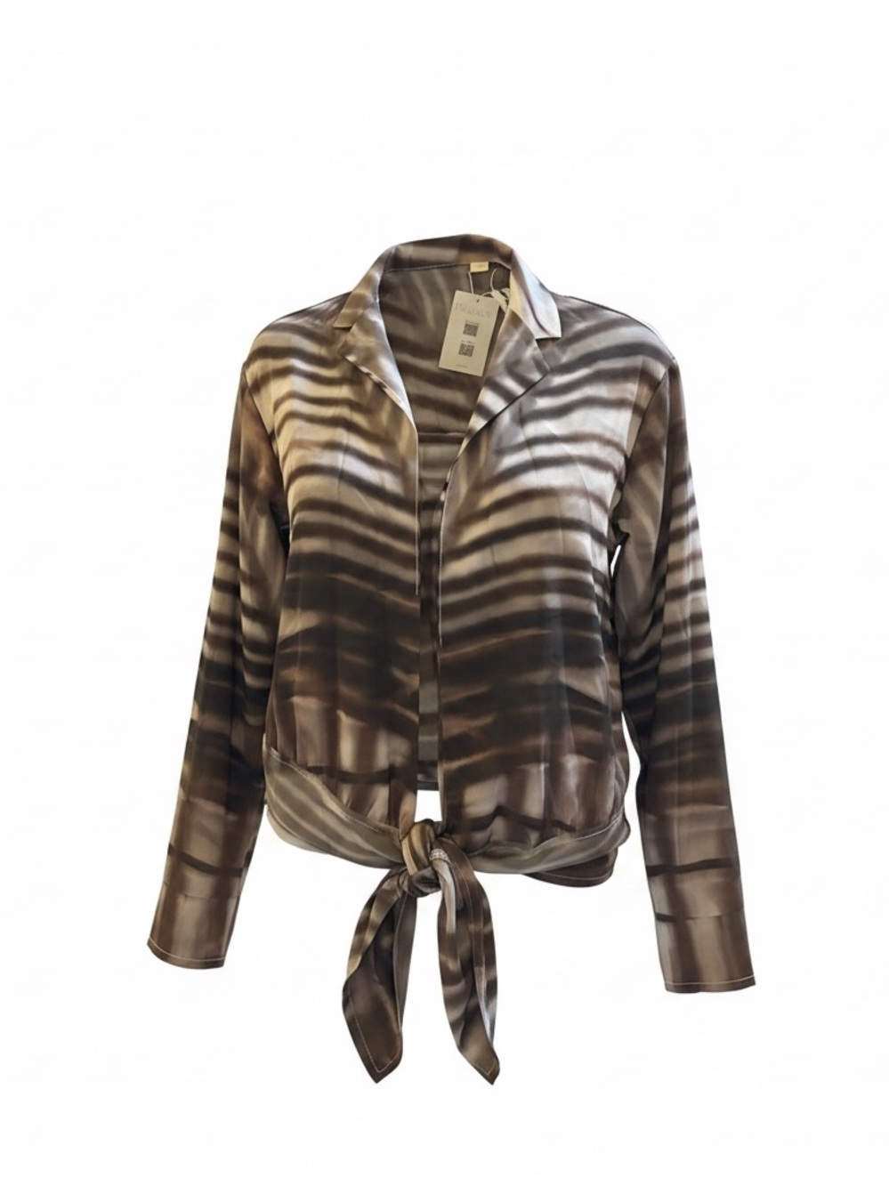 Tie-Front Striped Button-Down Blouse - Brown